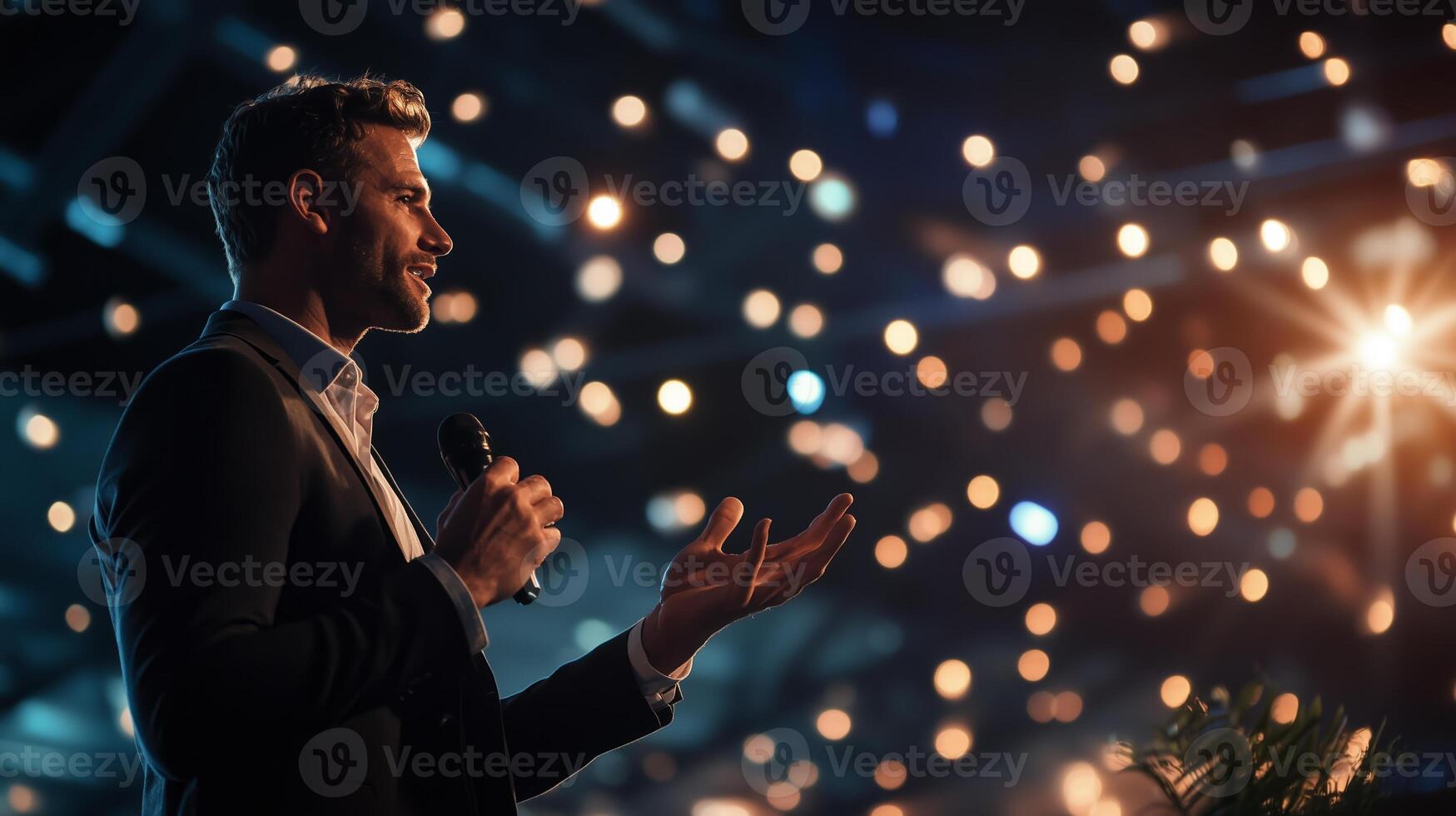 Young speaker captivates audience at evening event with sparkling lights in background while holding microphone and sharing insights photo