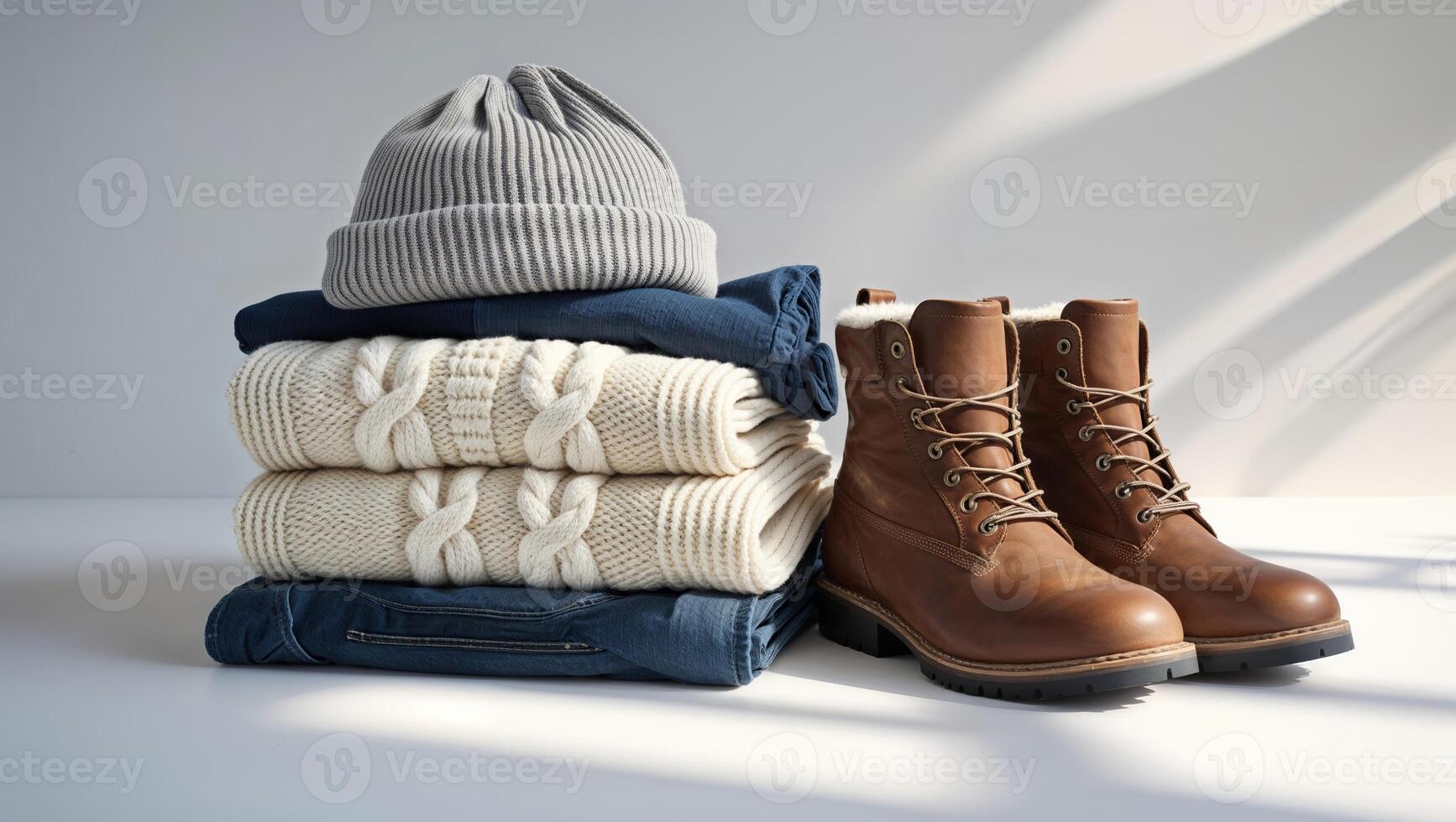 Warm winter clothing essentials stacked neatly with stylish boots in a cozy indoor setting photo
