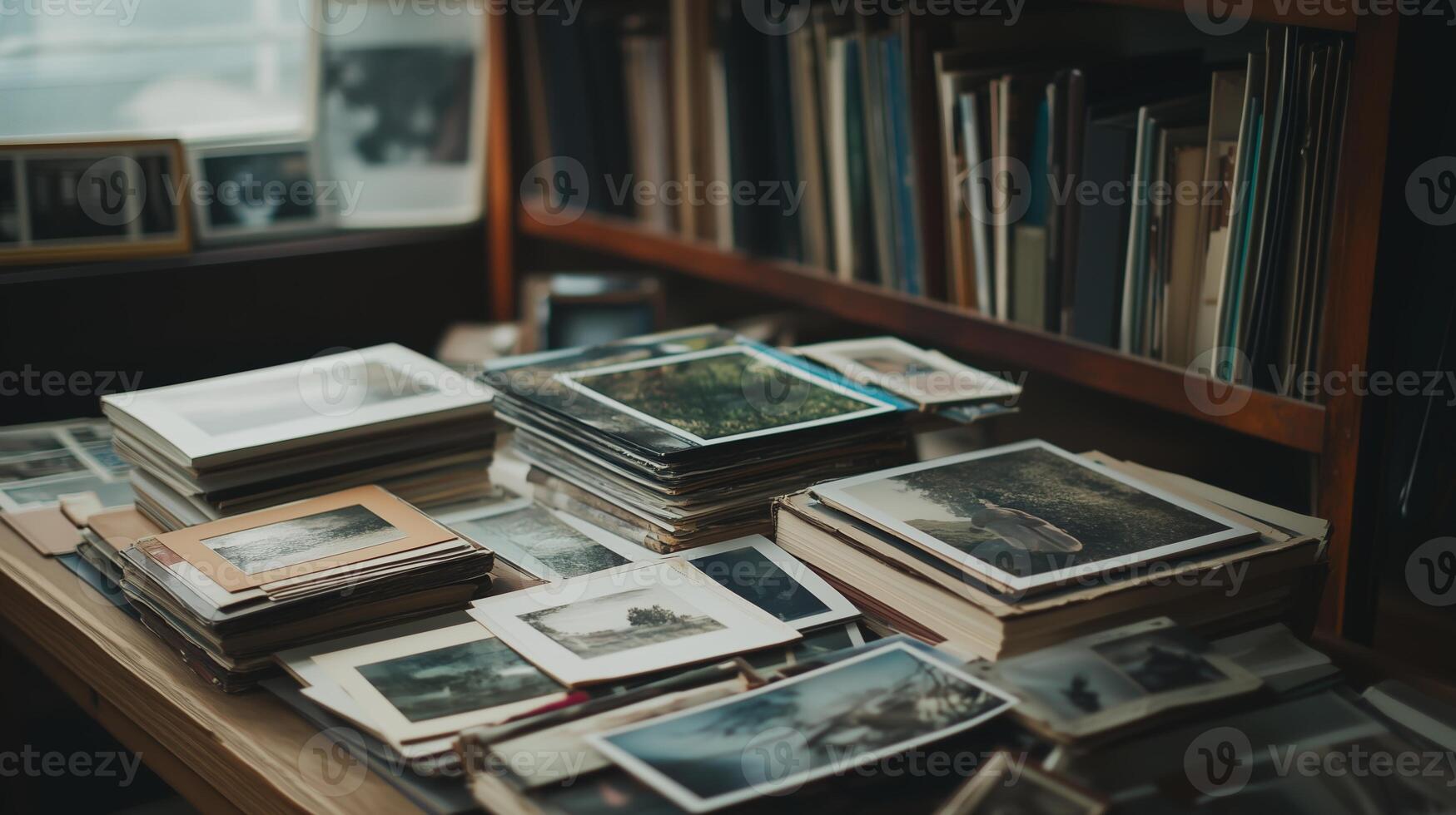 Old photographs scattered on a wooden table in a cozy room with shelves of books and a warm atmosphere photo