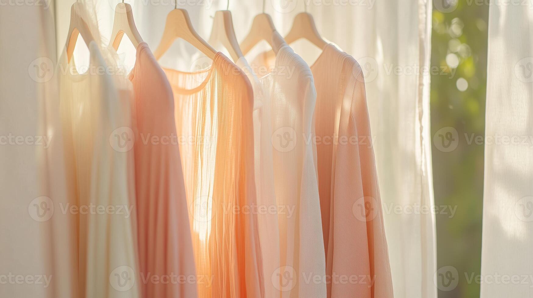 Beautiful cotton blouses hanging in sunlight by a window with sheer curtains in a cozy atmosphere during the afternoon photo