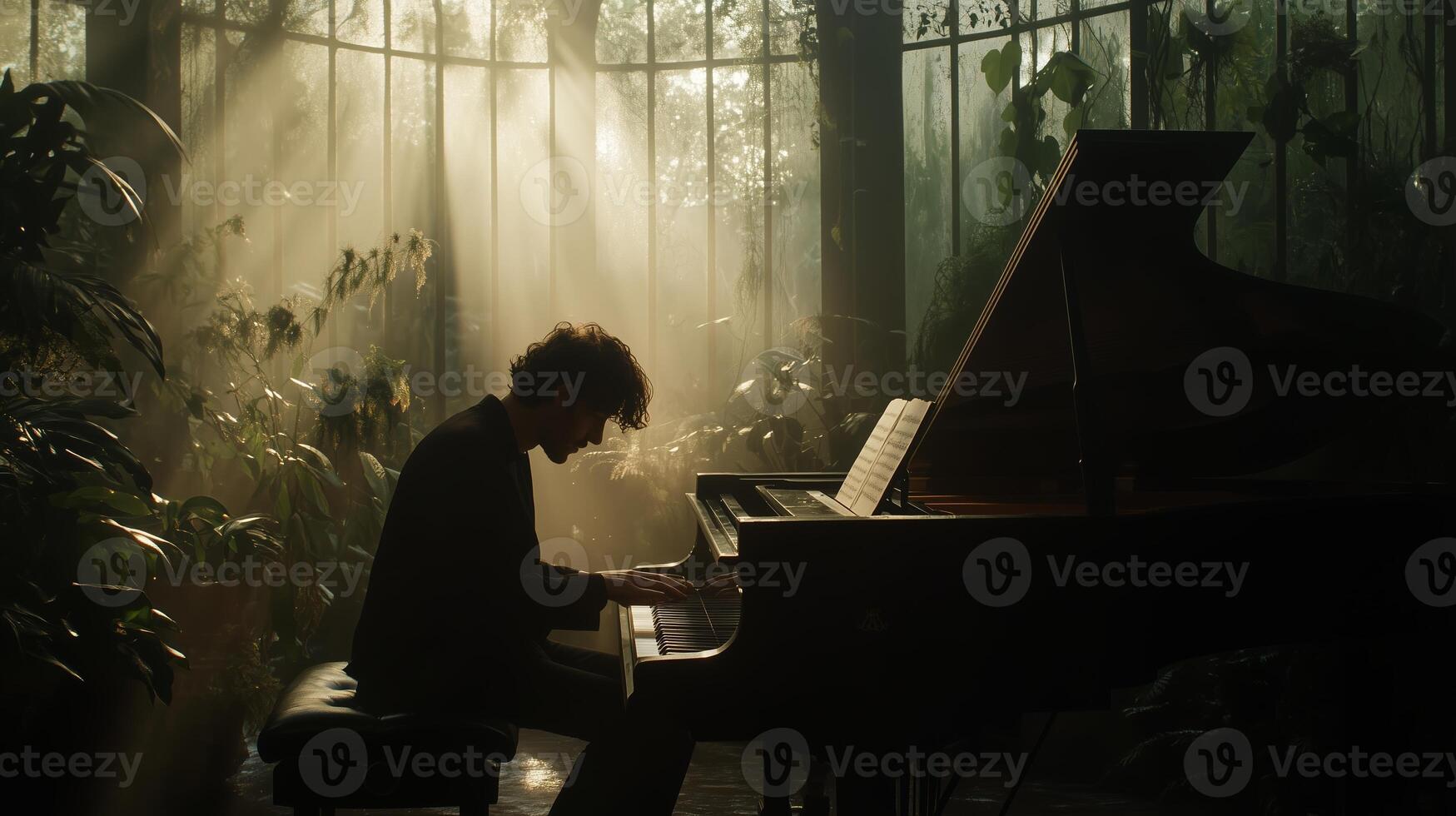 Musician plays piano in a sunlit greenhouse surrounded by lush greenery during late afternoon photo