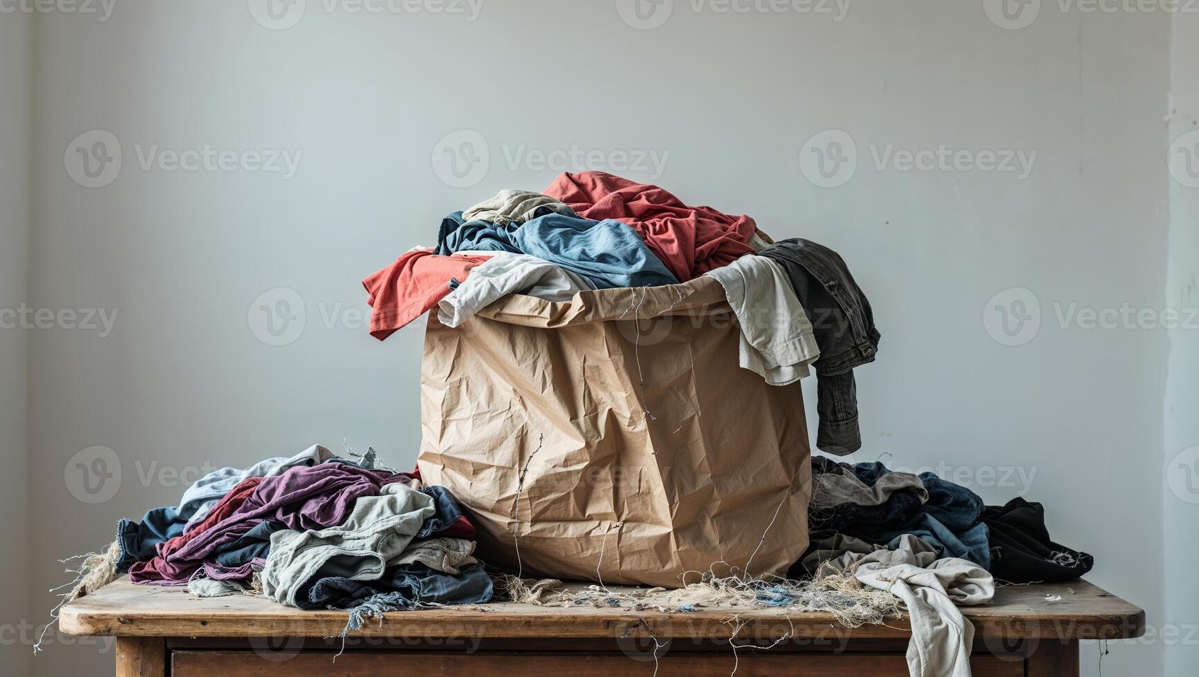 Laundry basket overflowing with clothes on a wooden table in a simple room photo