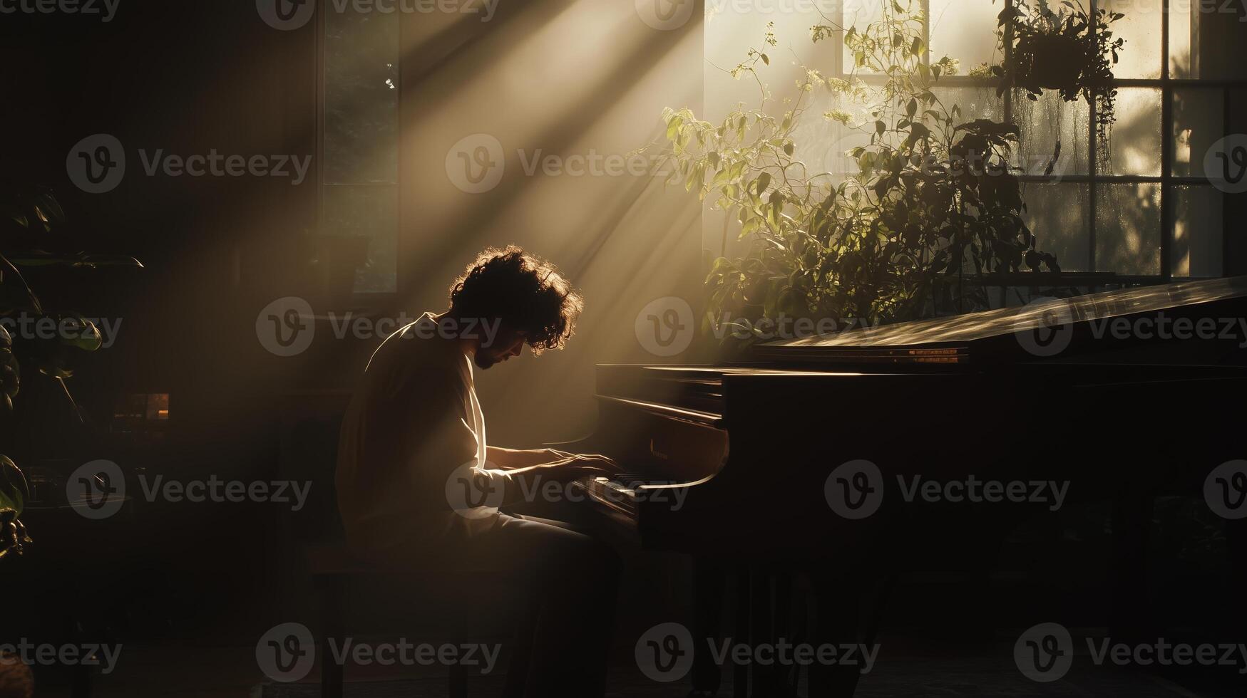 Musician plays piano in a sunlit room filled with plants during the golden hour photo