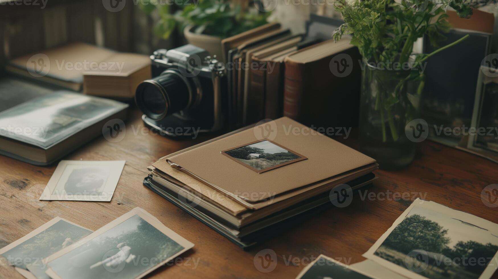 Vintage camera and photographs on wooden table in a cozy indoor setting photo