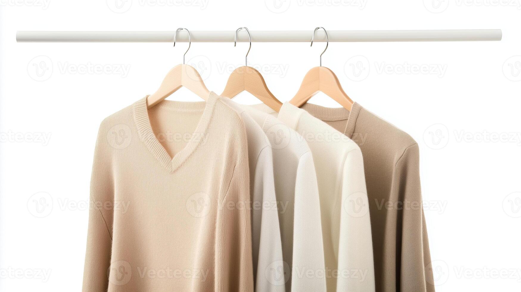 Cozy sweaters displayed on hangers in neutral colors in a minimalist setting photo