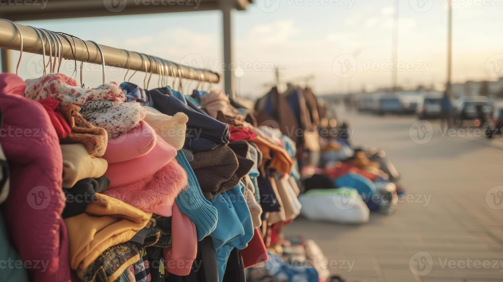 Colorful clothing displayed on hangers at a bustling outdoor market during sunset in a lively neighborhood photo