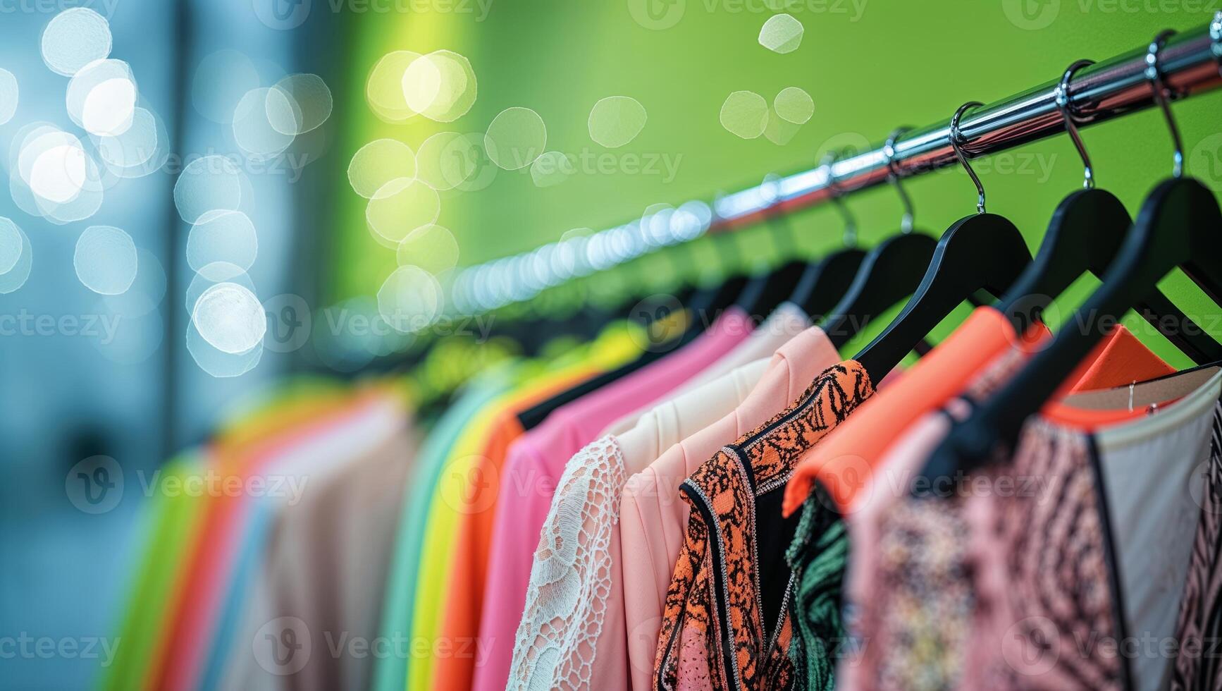 Colorful clothing displays hang on racks with soft bokeh lighting in a bright retail store setting photo