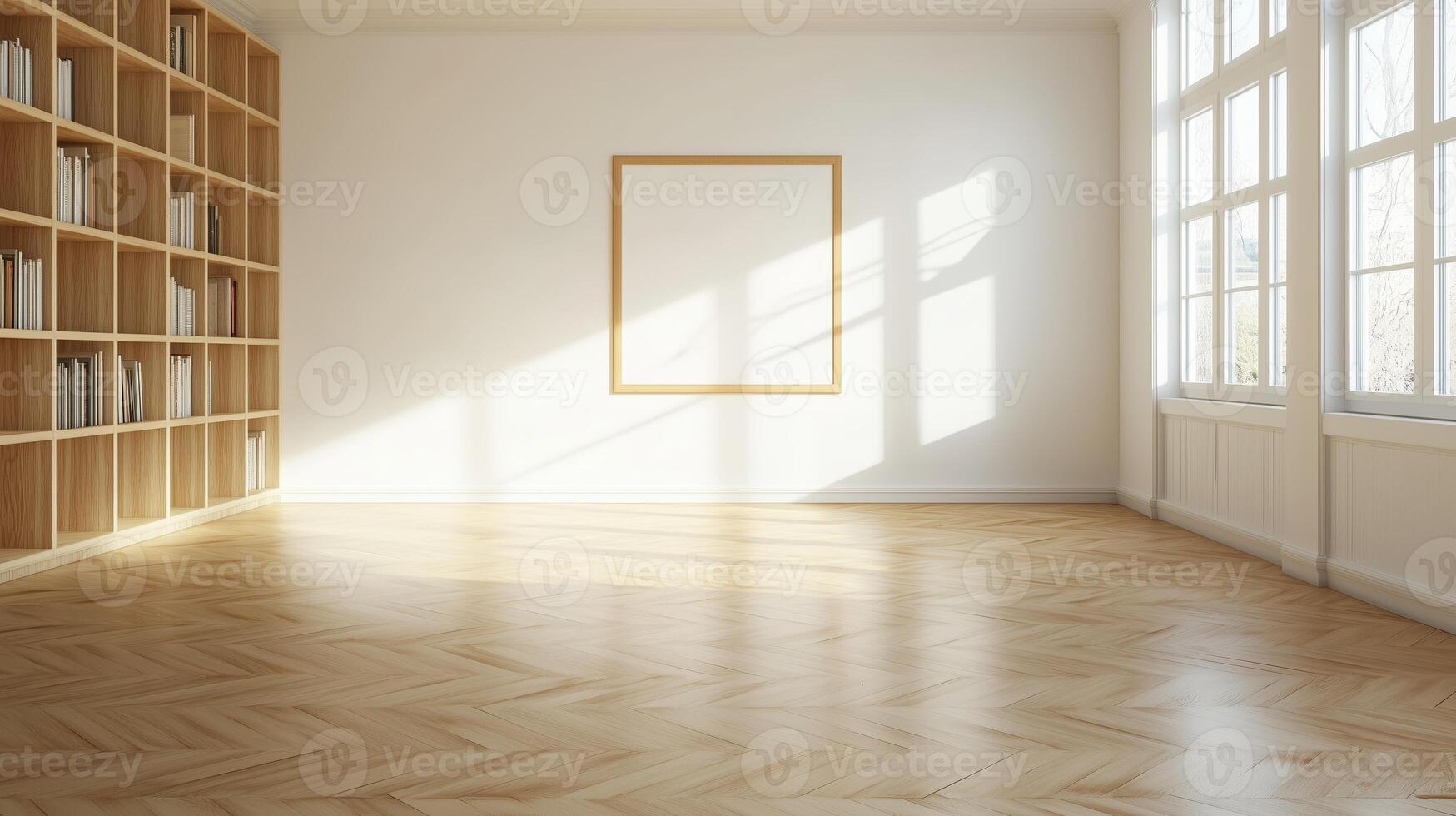 Bright, spacious gallery with wooden flooring and empty picture frame in natural light photo