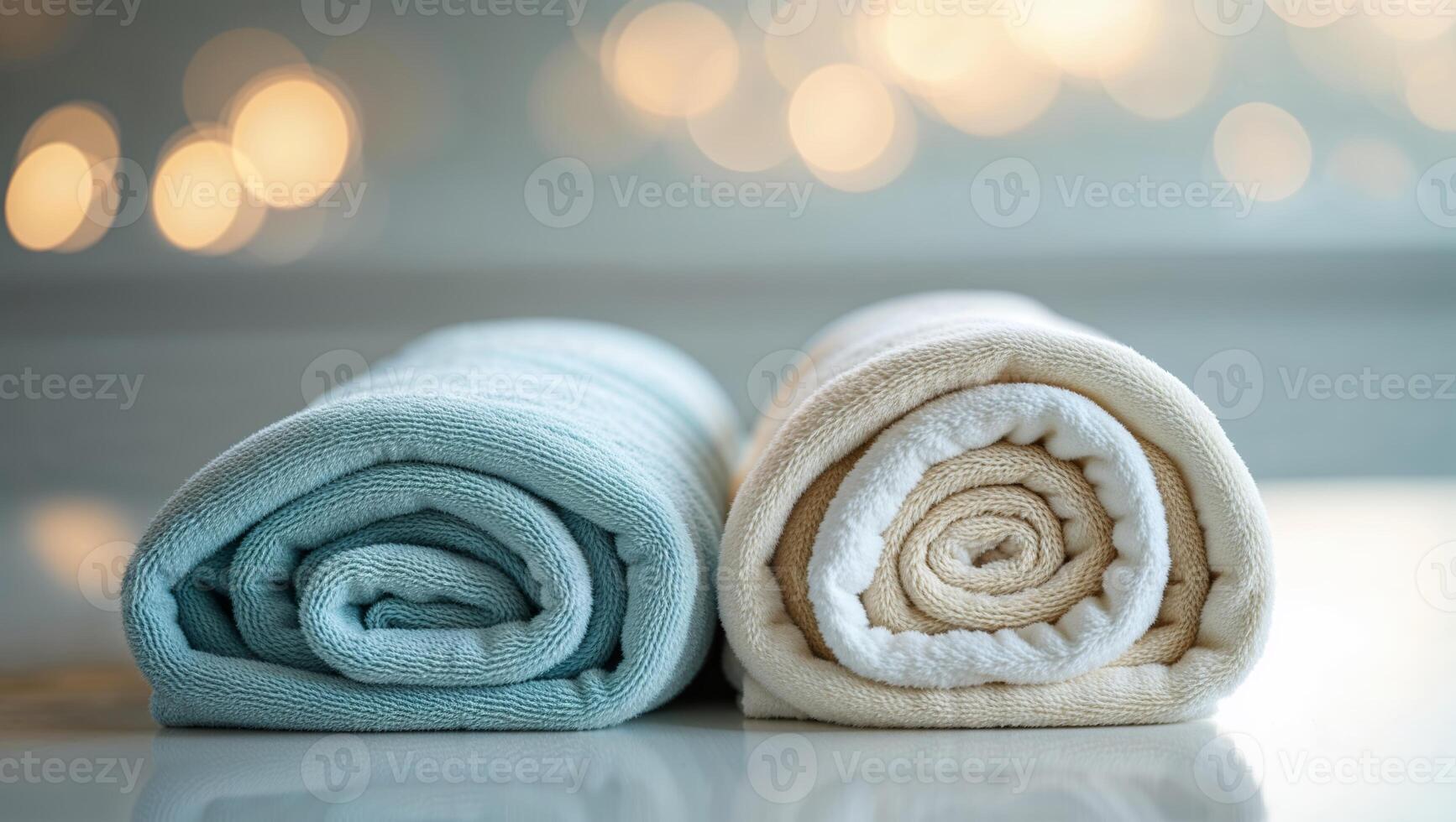 Rolled towels displayed on a countertop with a soft bokeh background, creating a serene domestic atmosphere photo