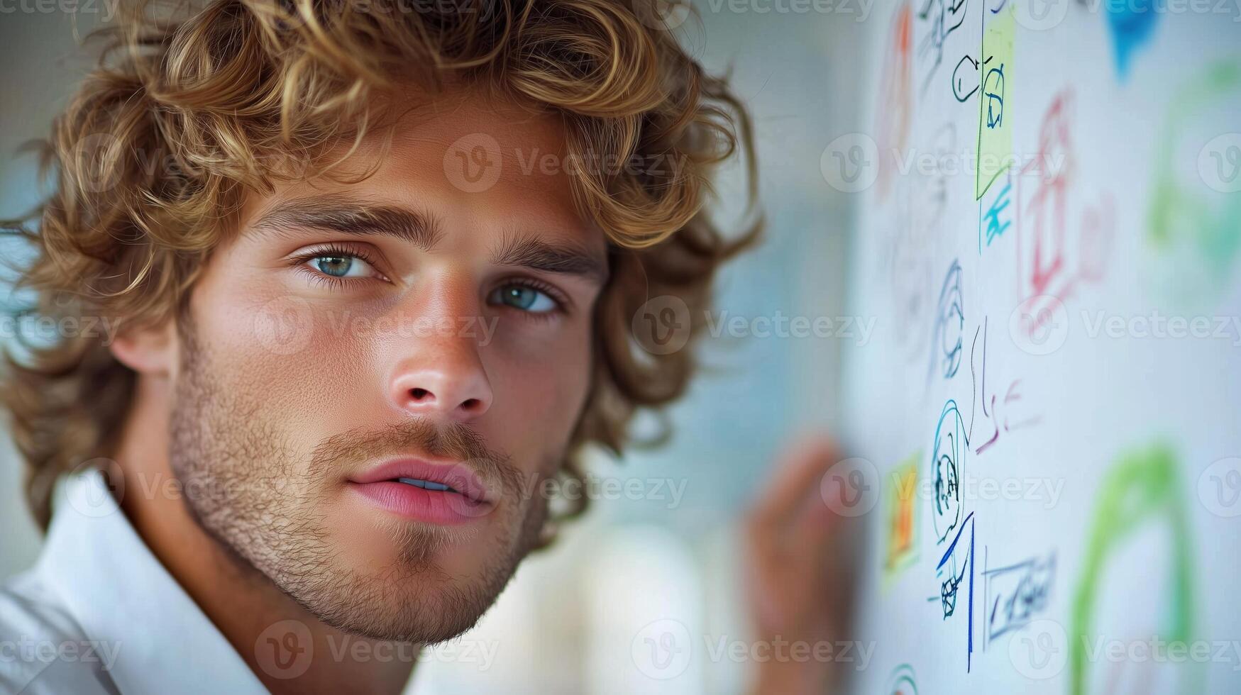 Young man gazing at colorful drawings on a wall while posing for a close-up portrait in a creative workspace setting photo