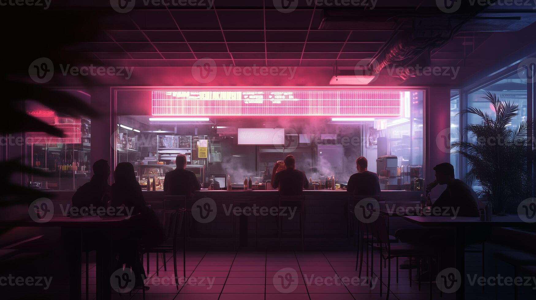 Neon-lit diner captures late-night atmosphere with diners enjoying steaming meals in bustling city space photo