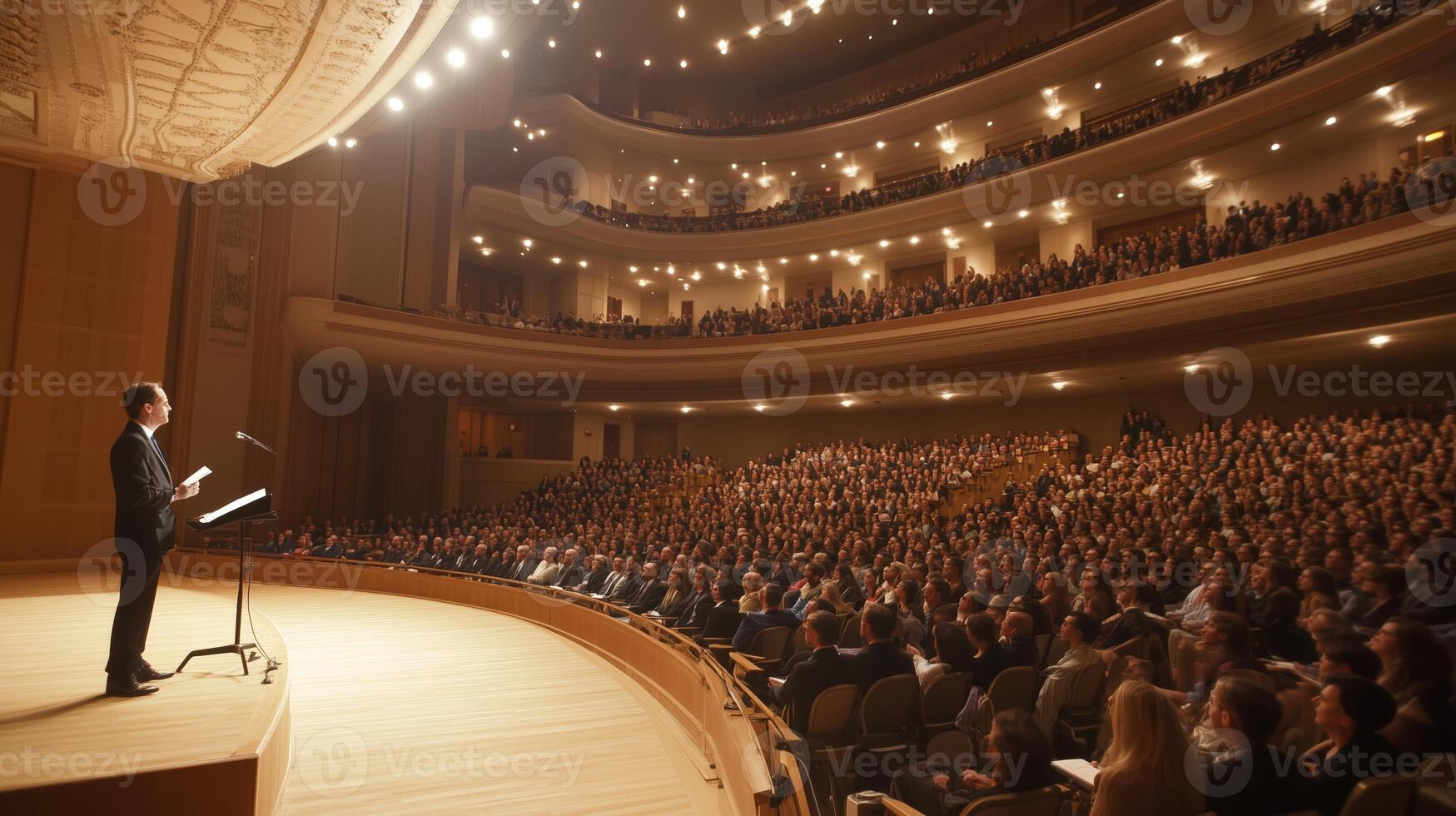 Speaker delivers an engaging lecture to a captivated audience in a modern auditorium during a conference event photo