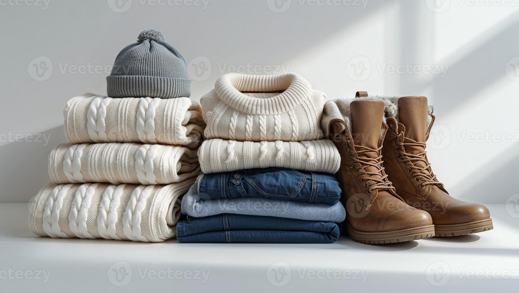 Warm winter clothing neatly arranged with boots and accessories on a neutral background photo