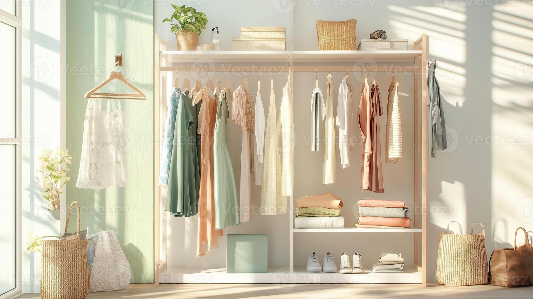 Open wardrobe display showcasing organized clothing and accessories in a bright, airy room photo