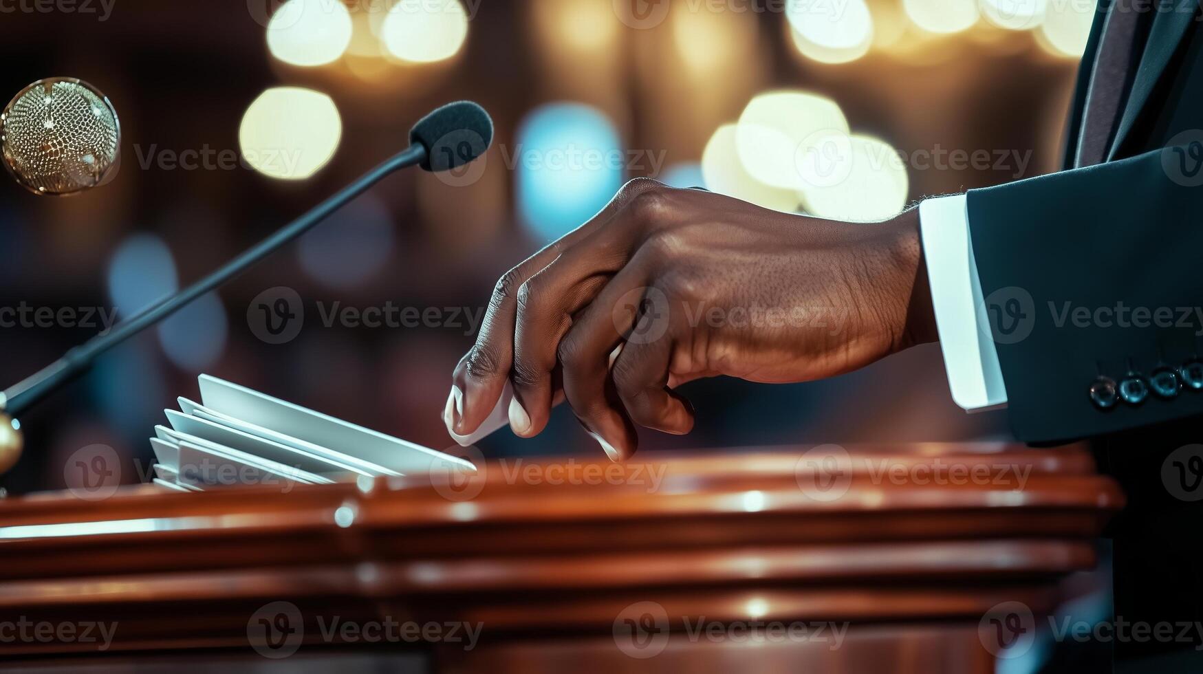 Public speaking event featuring a speaker addressing an audience with a microphone at a formal venue in the evening photo