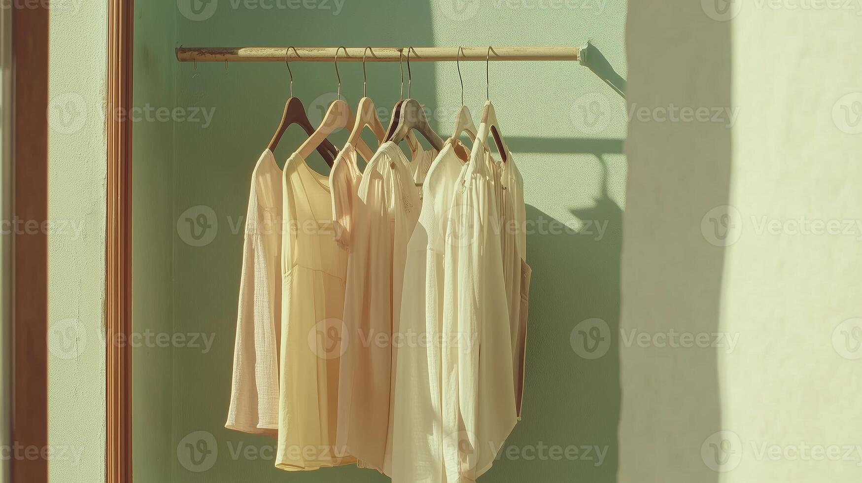 Soft pastel shirts hanging on a wooden rack in a sunlit room with light green walls photo