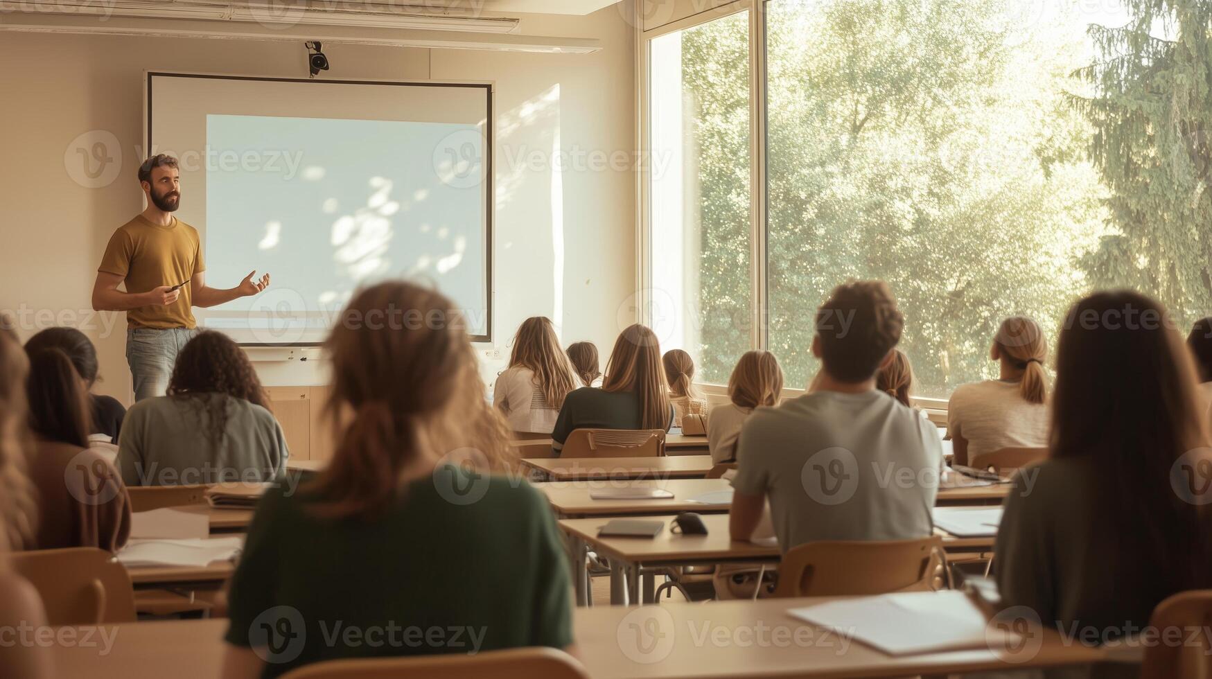 Students attend a lecture in a bright classroom while a teacher explains concepts on a projector screen photo
