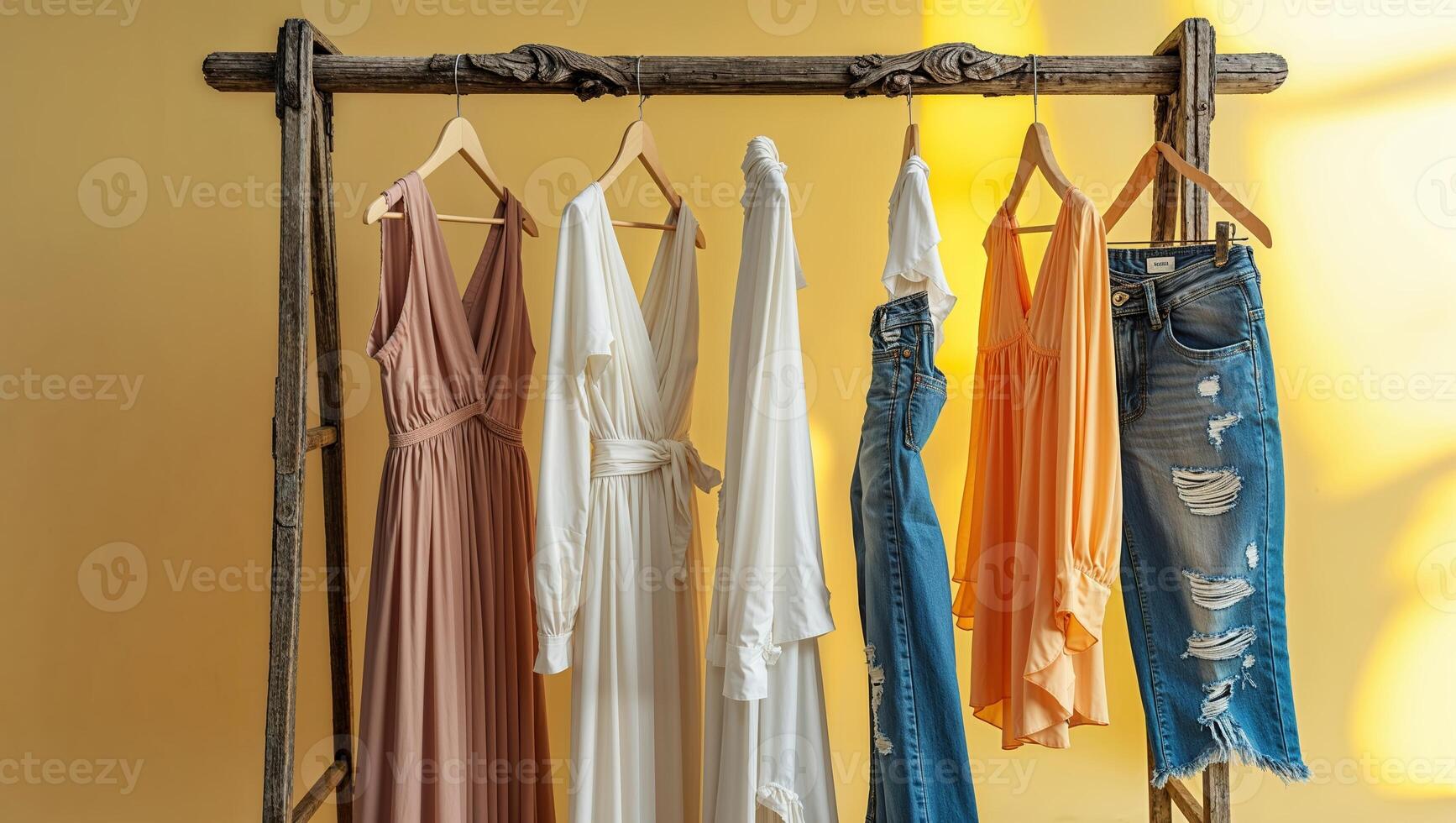 Fashion display with stylish dresses and jeans hanging on a wooden rack against a yellow wall photo