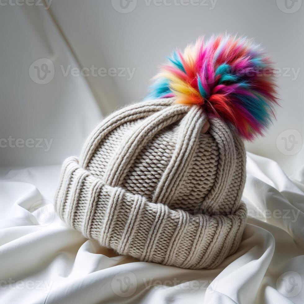 Creative knit hat with colorful pom-pom resting on a soft fabric surface indoors photo