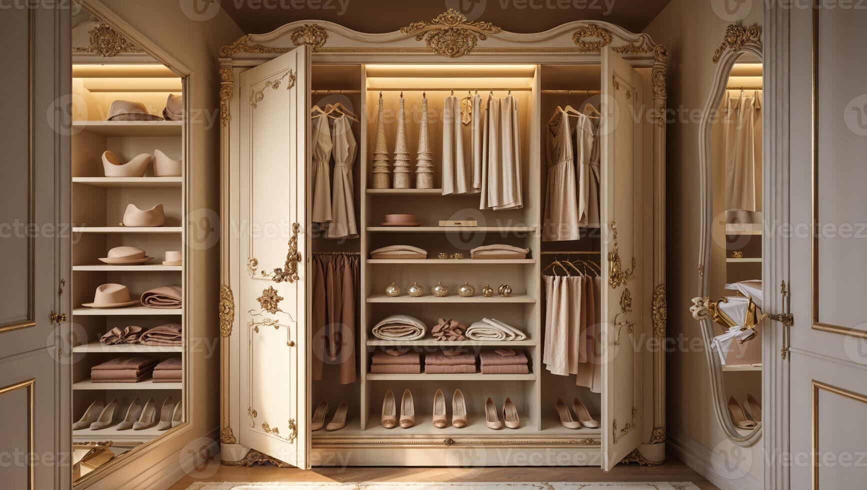Elegant wardrobe with neatly organized clothing and accessories in a luxurious setting during soft morning light photo
