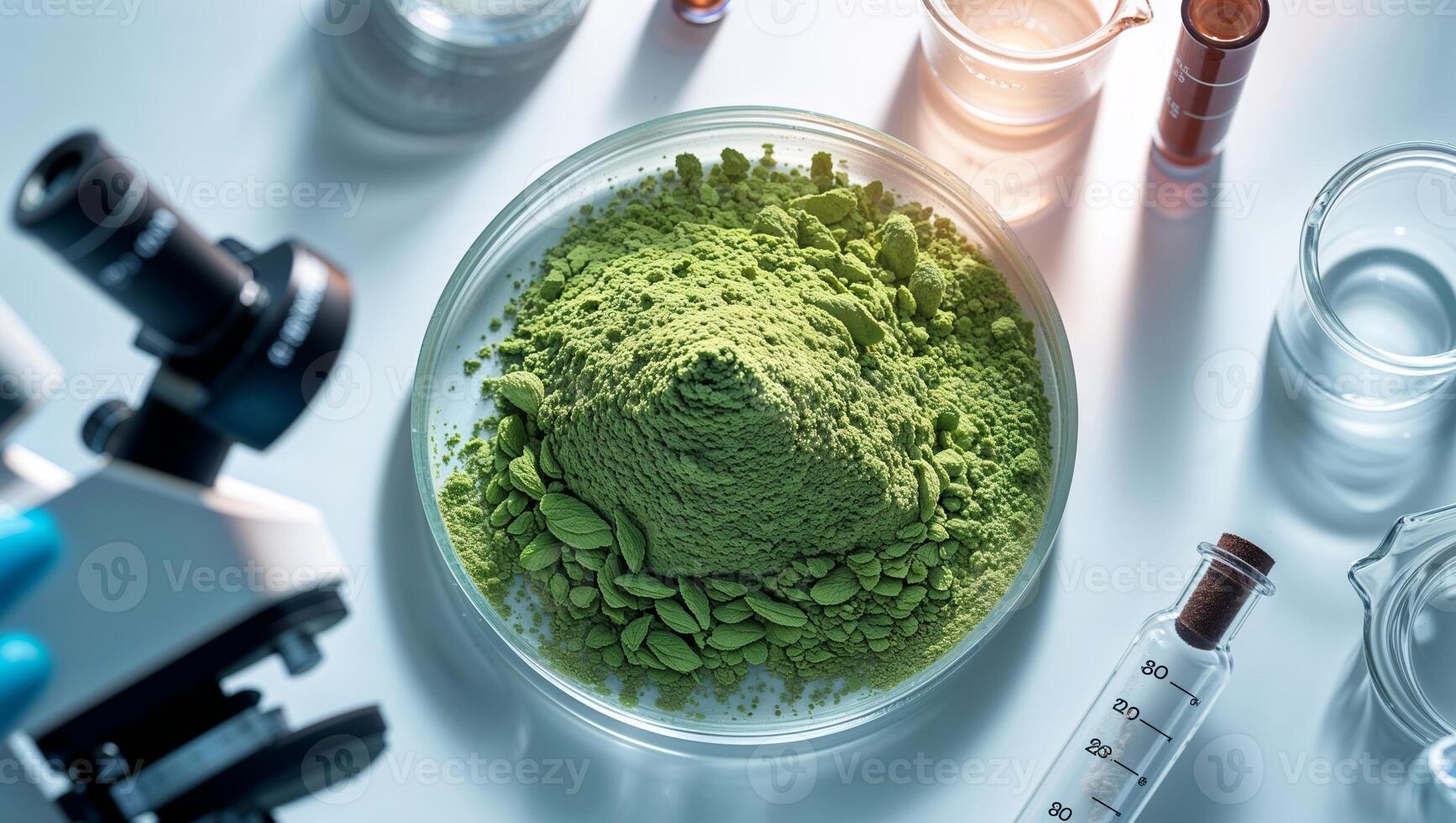 Green powder in a laboratory setting with measurement tools and a microscope nearby photo