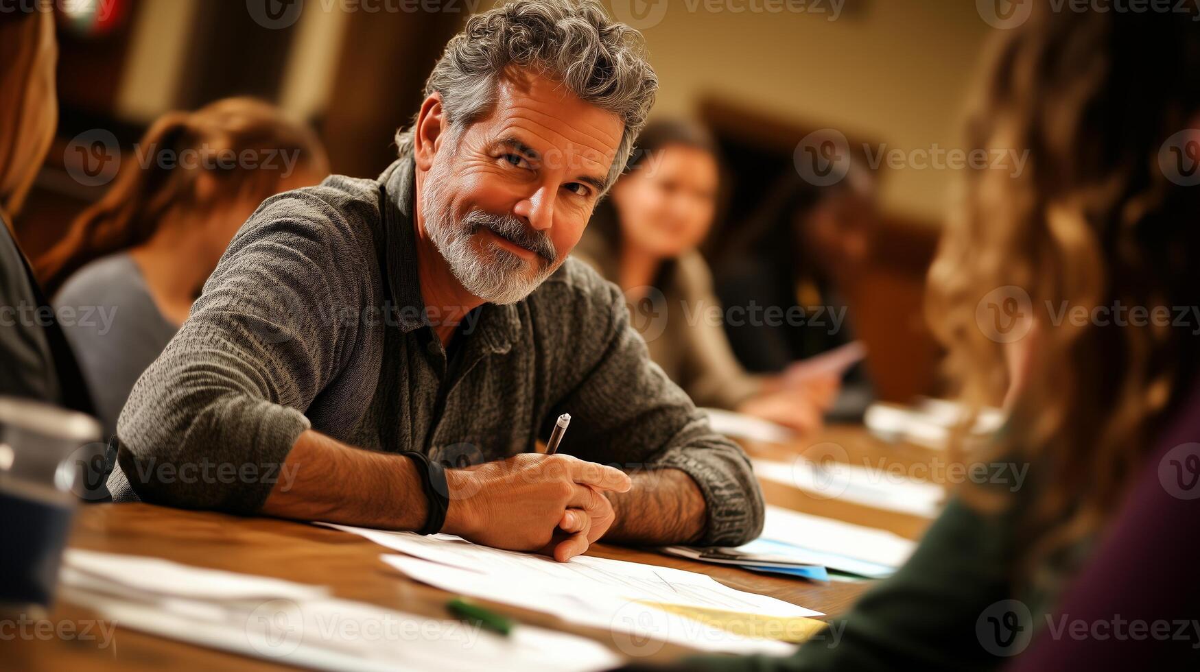 Engaging discussion among diverse participants at a community workshop in a spacious room during the afternoon photo