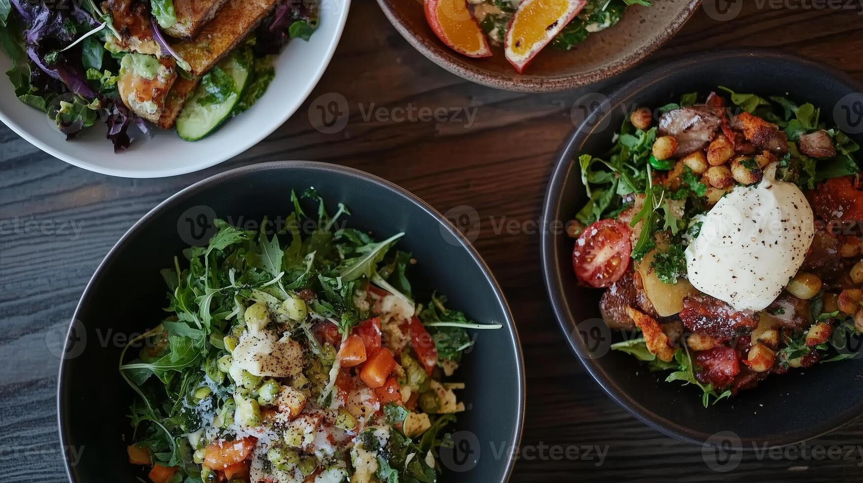 Fresh salads and vibrant dishes served at a modern eatery during lunchtime in an urban setting photo