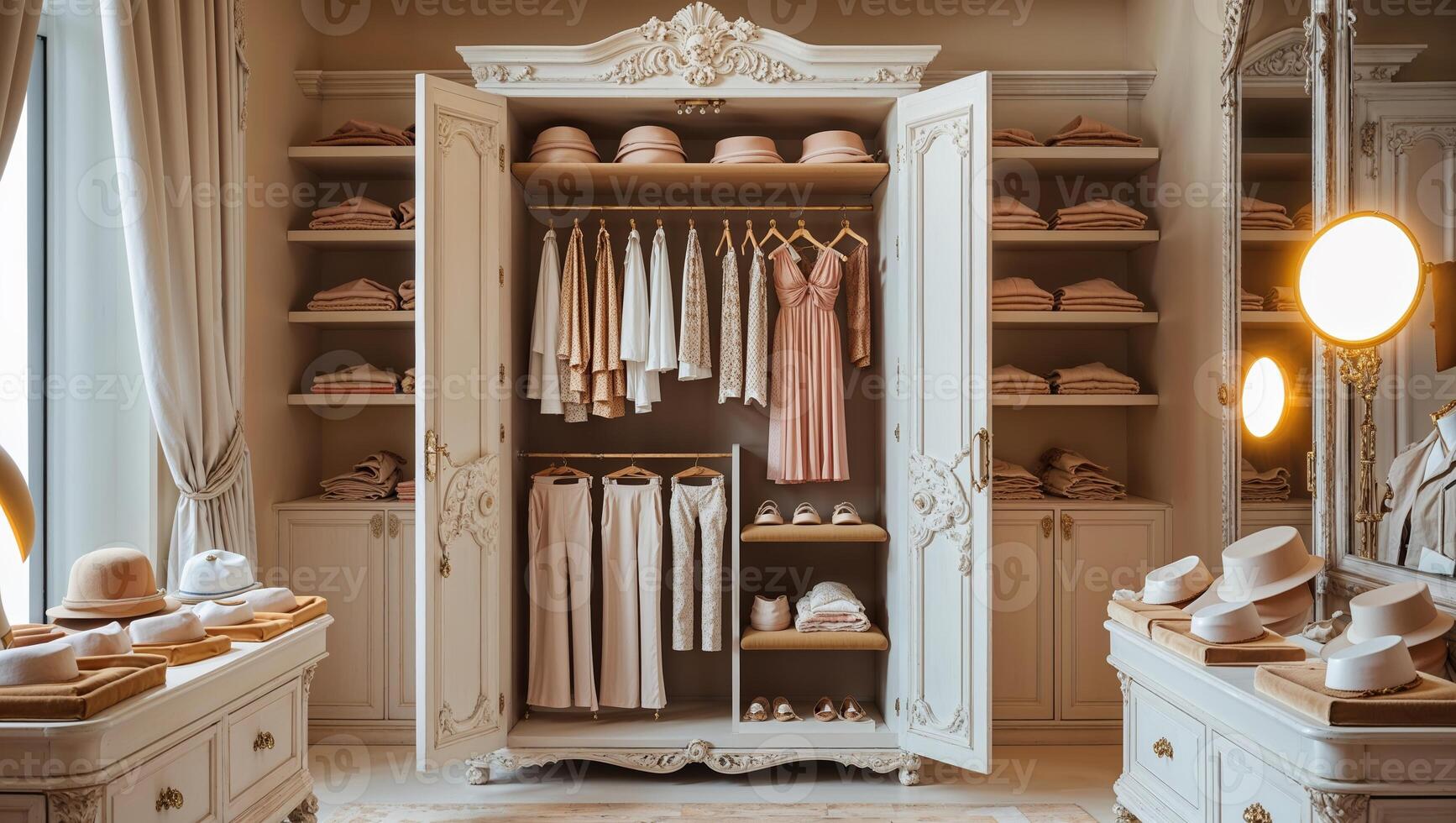 Elegant wardrobe display showcasing light-colored attire and accessories in a stylish interior setting photo