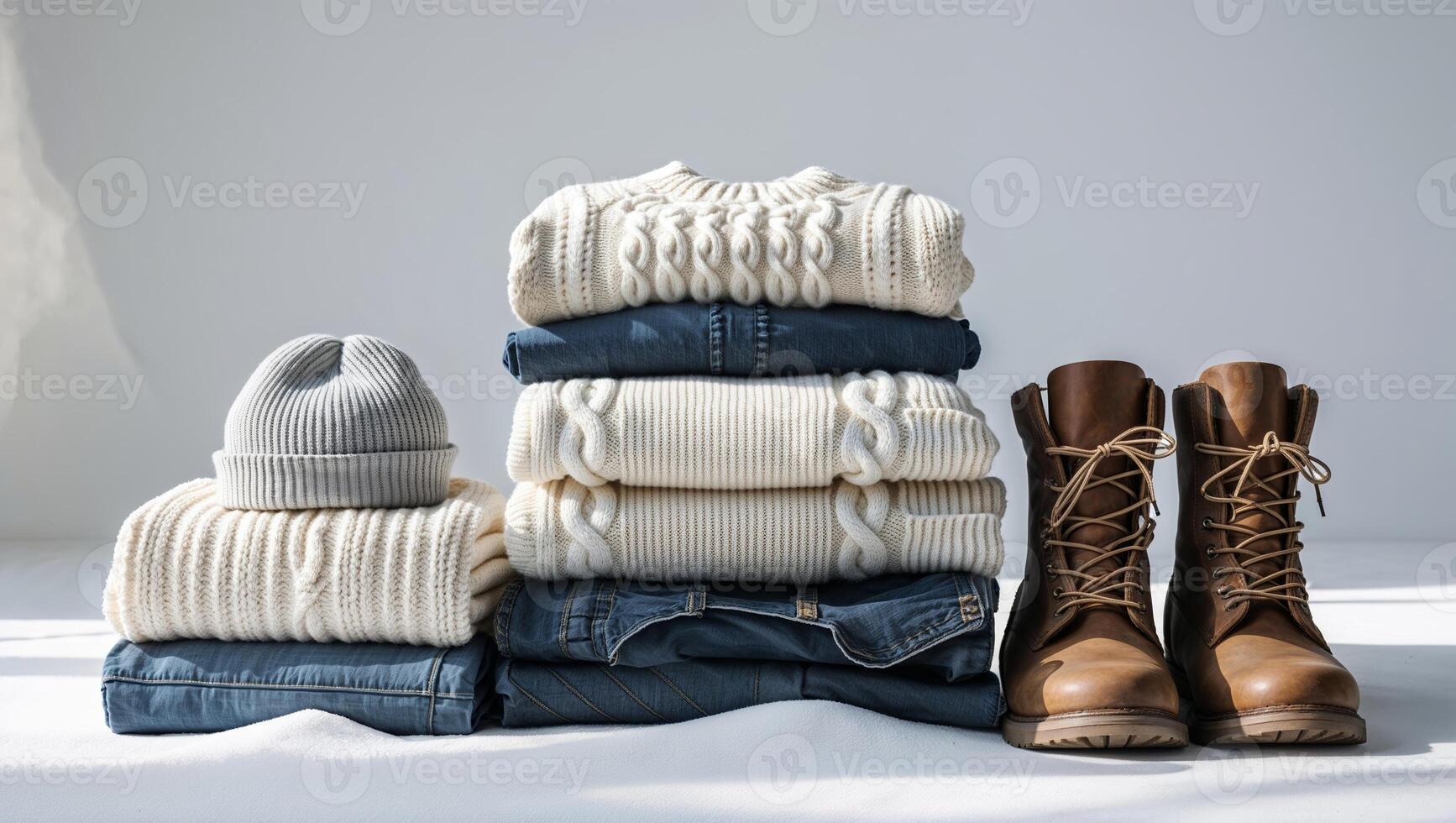 Cozy winter clothing stacked neatly with stylish boots set against a light background photo