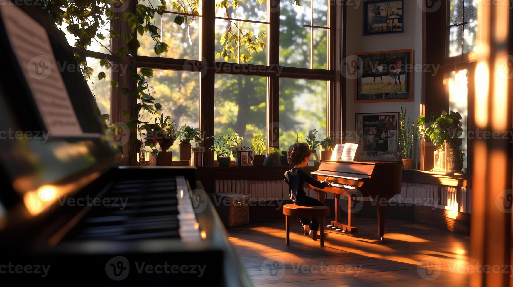 Young child plays piano in a sunlit room filled with plants and natural light during late afternoon hours photo