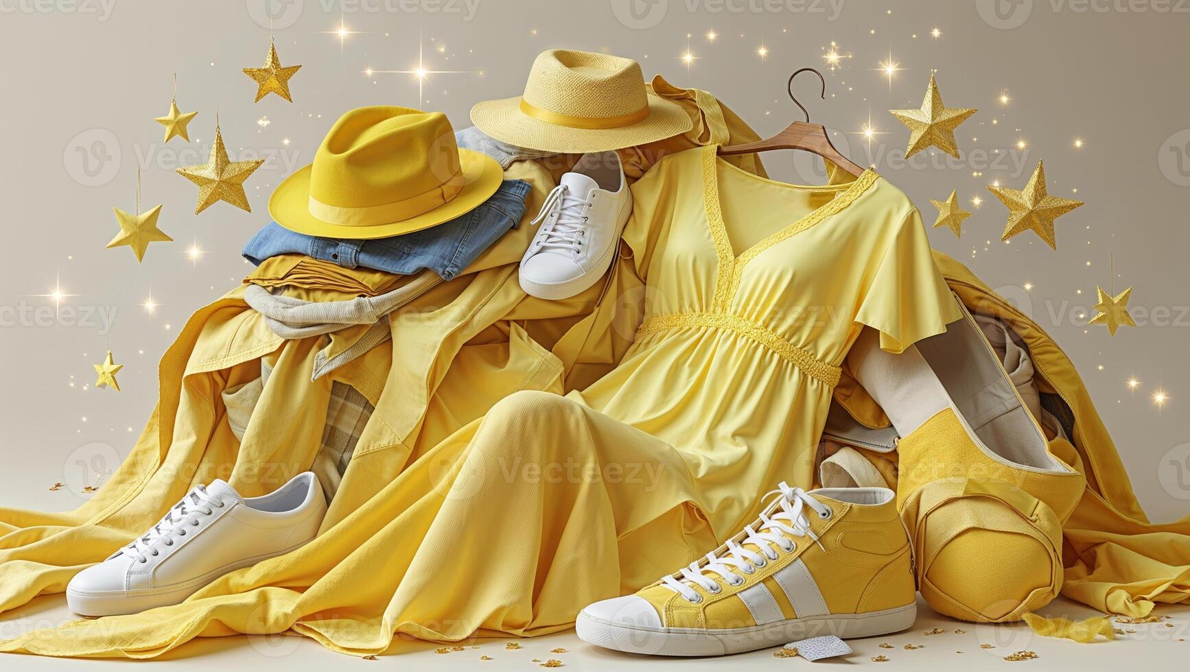 Yellow clothing and accessories styled with sparkle for a vibrant fashion display in a minimalistic studio setting photo
