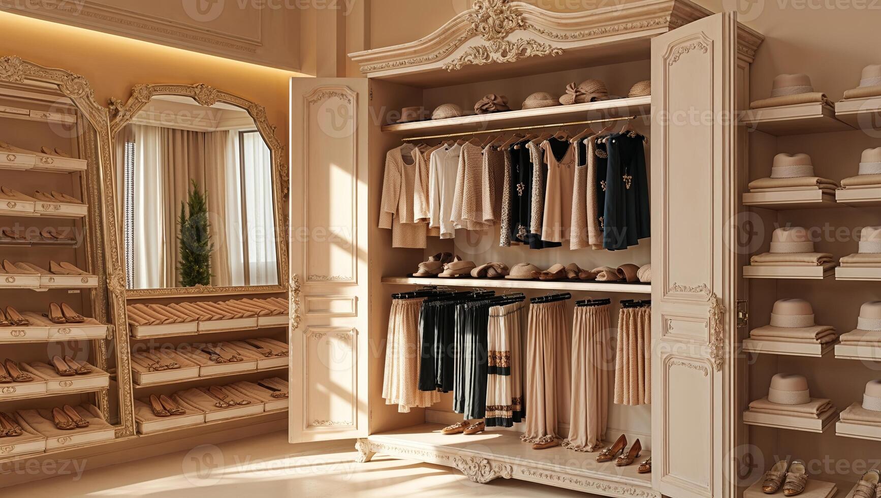 Elegant clothing display in a stylish boutique featuring neutral tones and curated fashion items for a refined shopping experience photo
