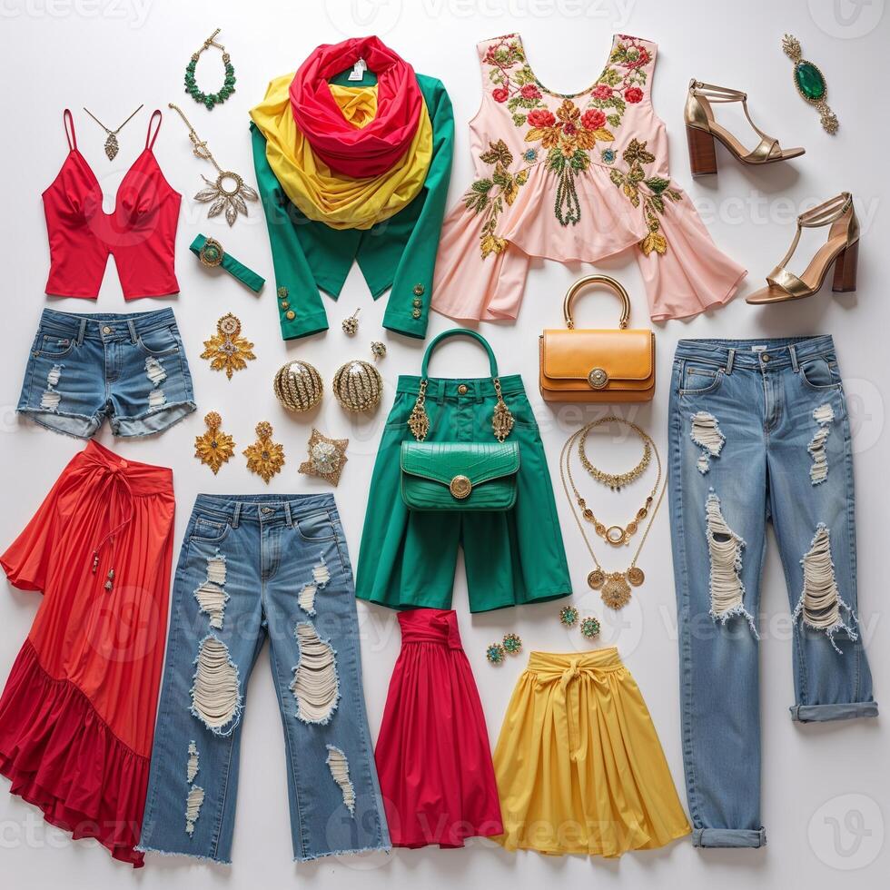 Colorful fashion collection showcasing stylish outfits and accessories on a neutral background photo