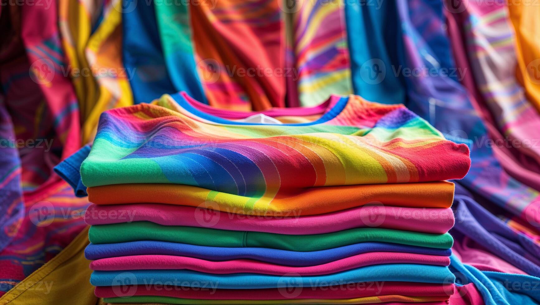 Colorful stacked t-shirts showcasing vibrant patterns in a bright display at a market photo