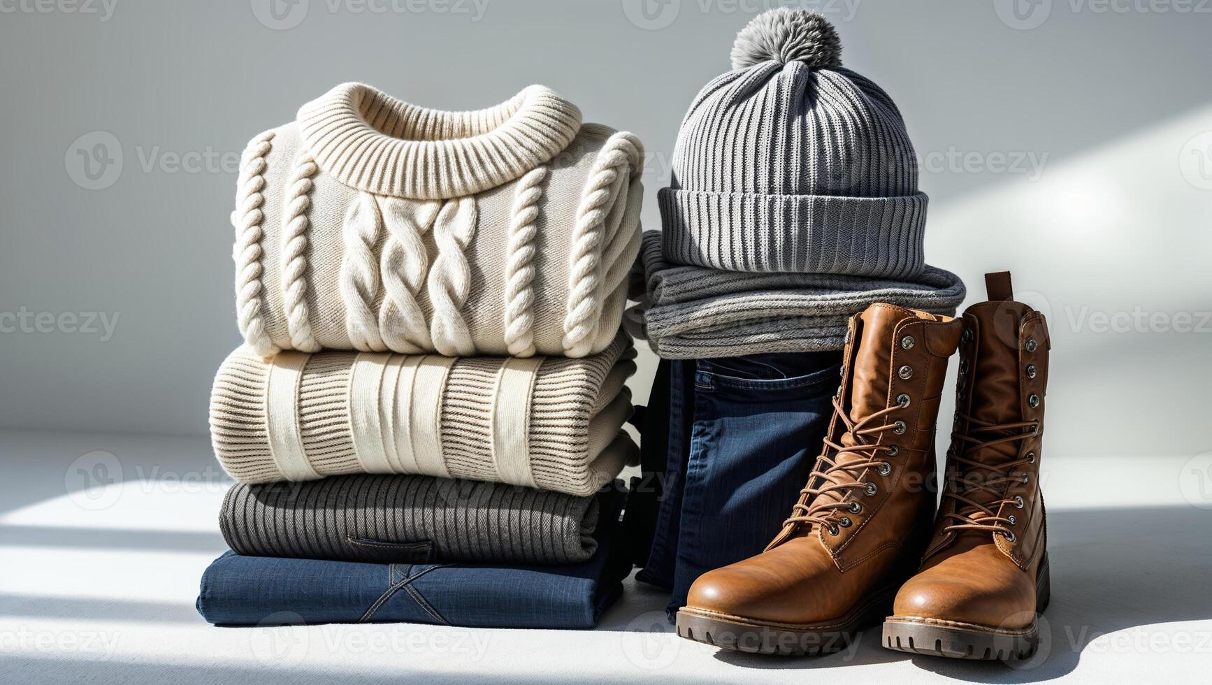 Cozy winter clothing essentials stacked attractively with stylish boots on a neutral background photo