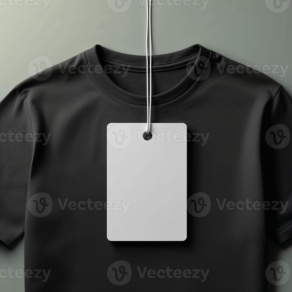 Classic black t-shirt displayed with a blank tag hanging from a string in a minimal setting, emphasizing simplicity and style photo