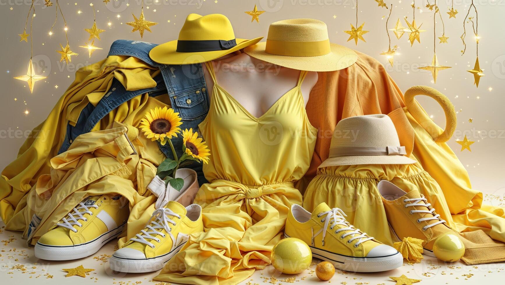 Bright yellow fashion display with various clothing and accessories arranged artistically photo
