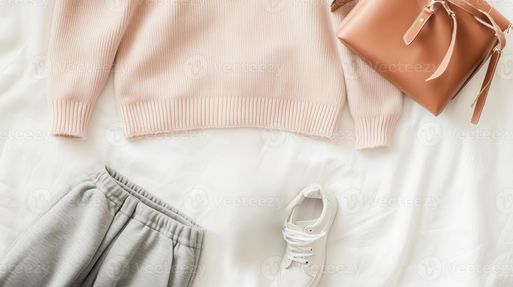 Soft pink sweater and grey pants laid out with a stylish bag and white sneakers on a light background photo