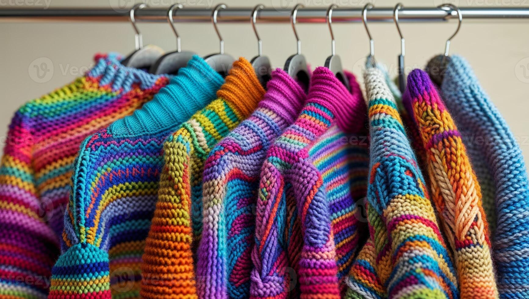 Colorful collection of hand-knitted sweaters displayed on hangers showcasing various patterns in a cozy indoor setting photo