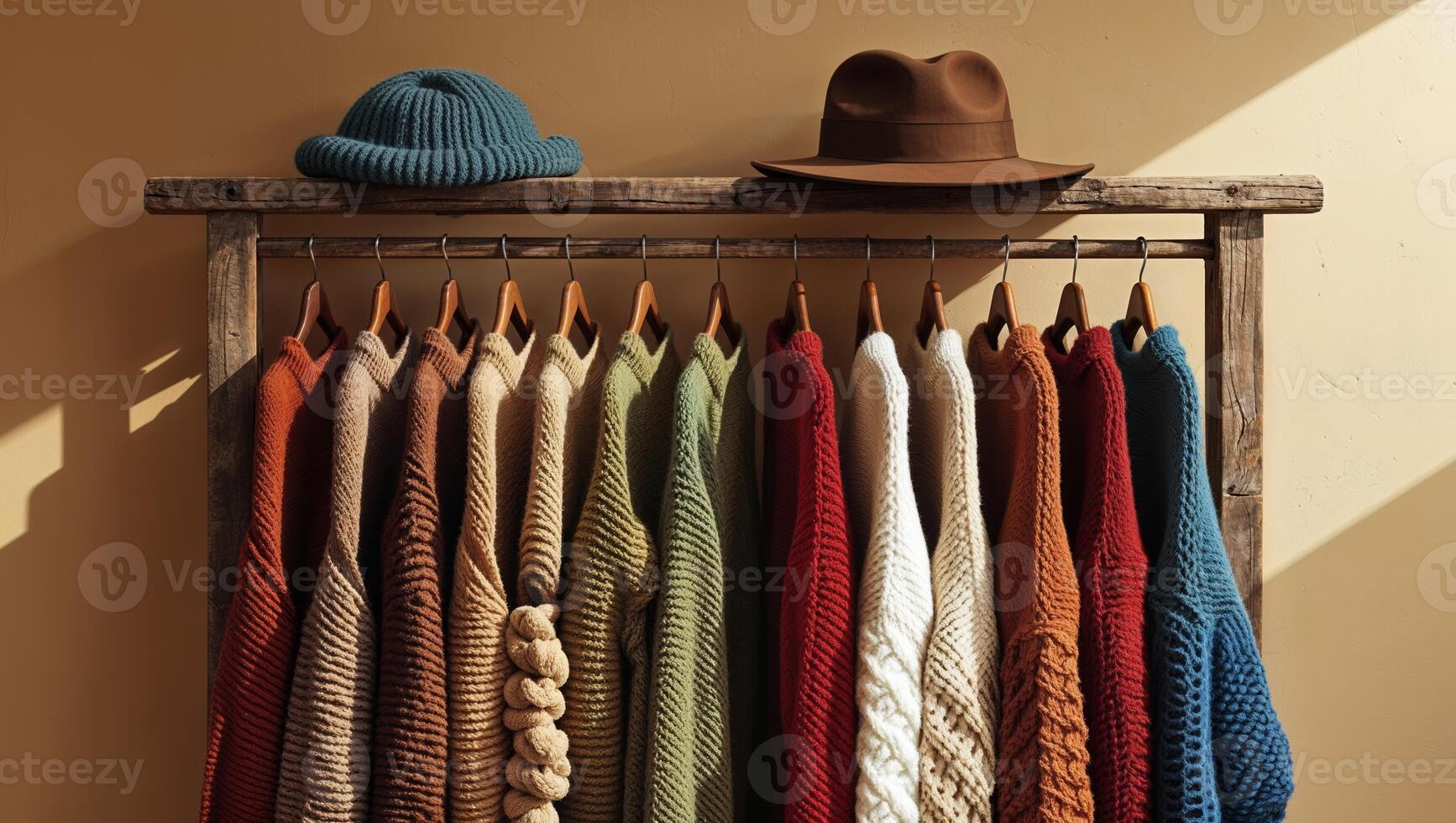 Colorful knitted sweaters and hats displayed on a rustic wooden rack in warm sunlight highlighting autumn fashion trends photo