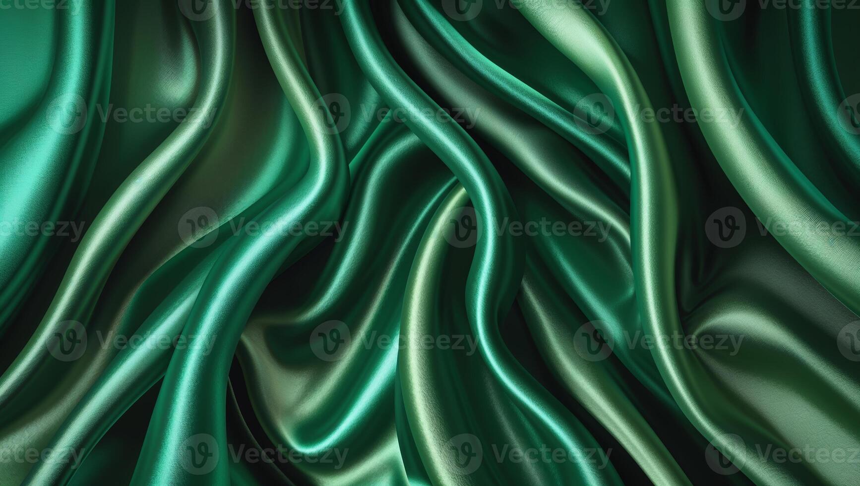 Luxurious dark green satin fabric draped elegantly with soft, flowing textures and glimmers in the light photo