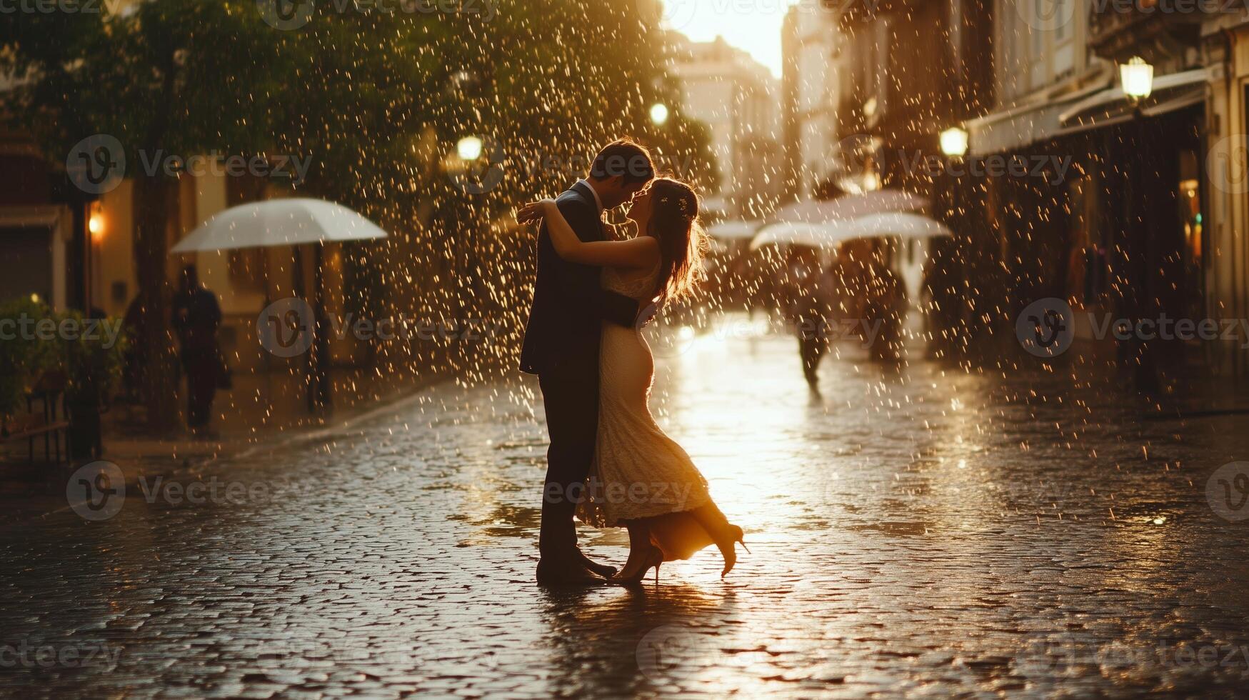 Couple embraces in warm sunlight during a romantic rain shower on a cobblestone street photo