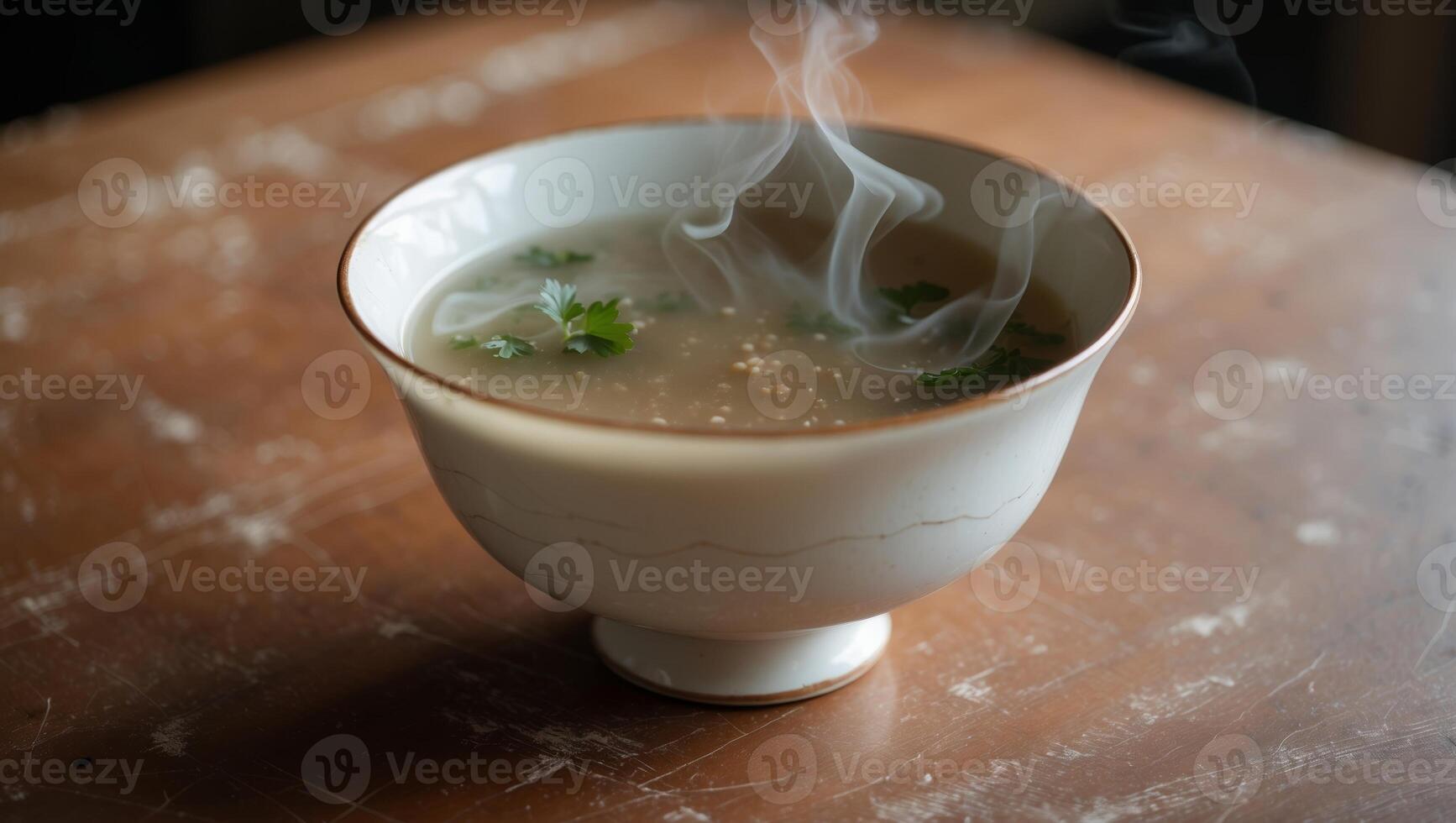 Steam rises from a bowl of warm soup garnished with herbs on a rustic wooden table during a cozy evening photo