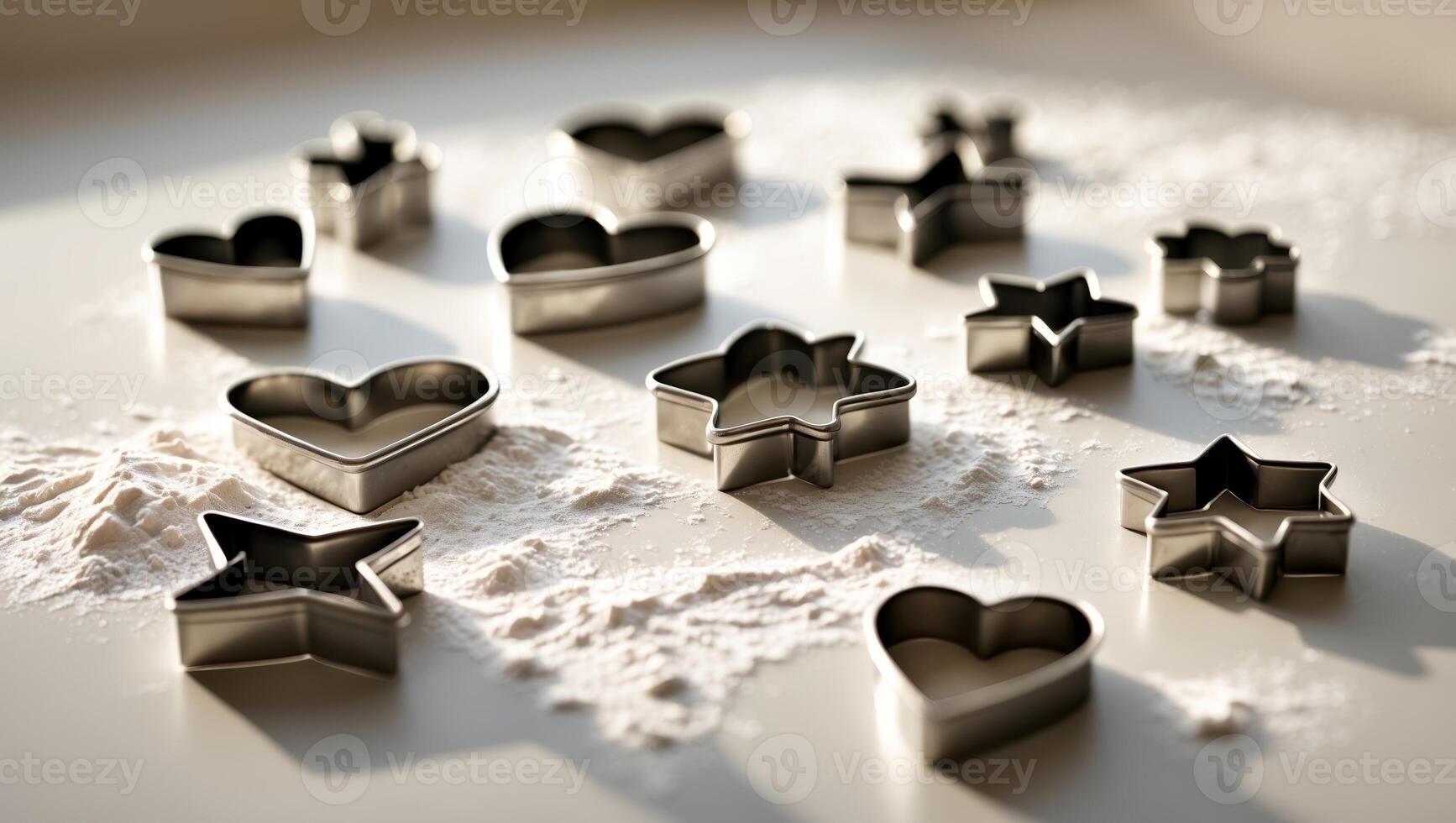 Various cookie cutters in different shapes on a surface dusted with flour in a bright kitchen setting photo
