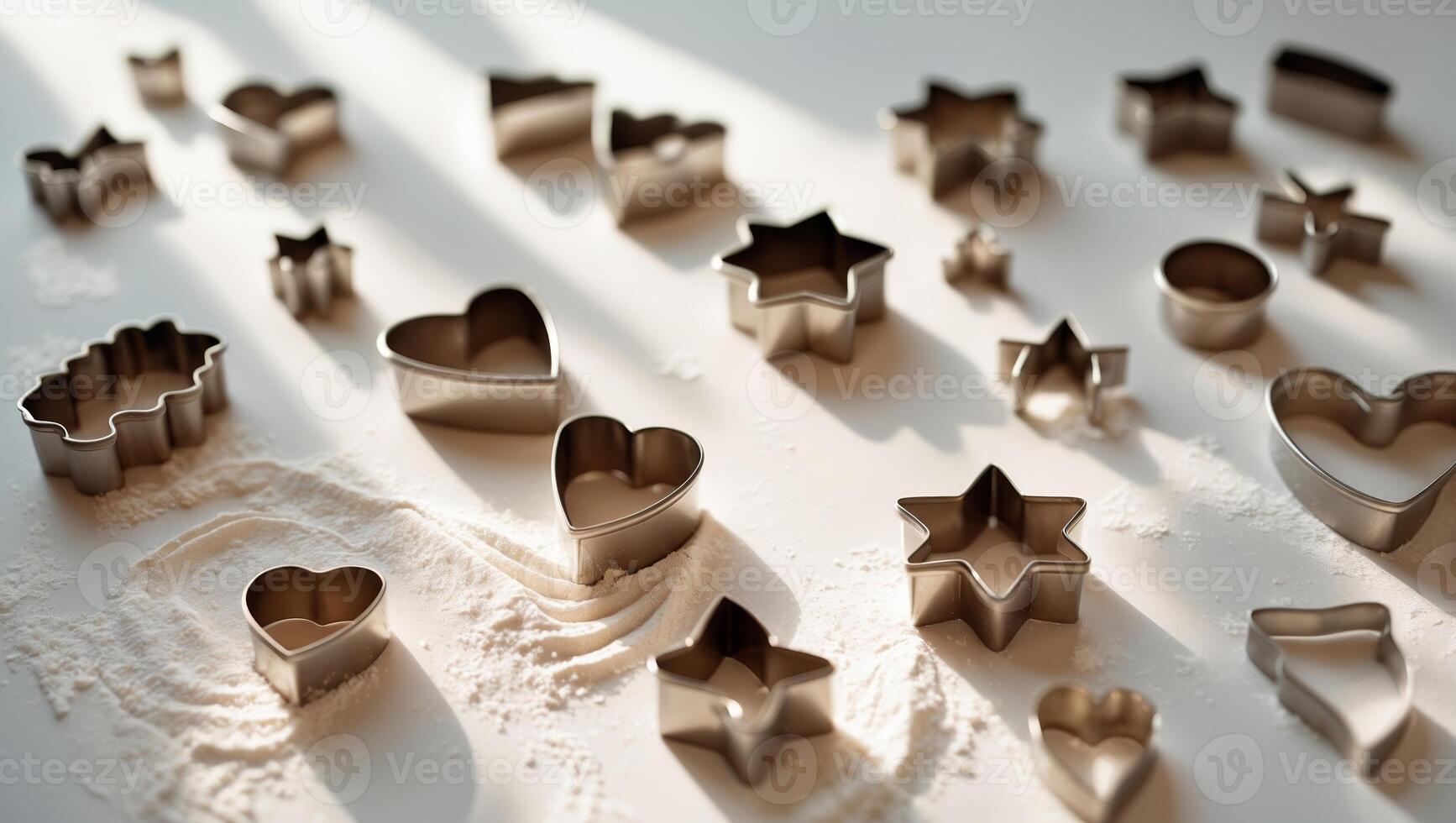 Baking session with cookie cutters on a floured surface in warm afternoon light photo