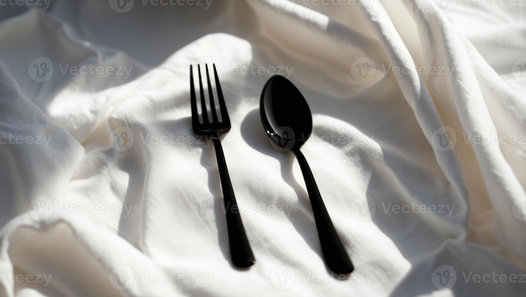 Stylish black fork and spoon on elegant white fabric with soft lighting enhancing their modern design photo