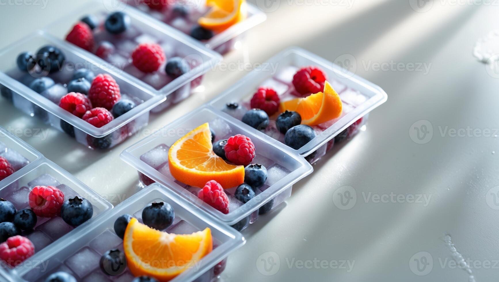 Colorful fruit-filled ice cube trays placed on a light surface, showcasing fresh berries and citrus slices in bright afternoon light photo