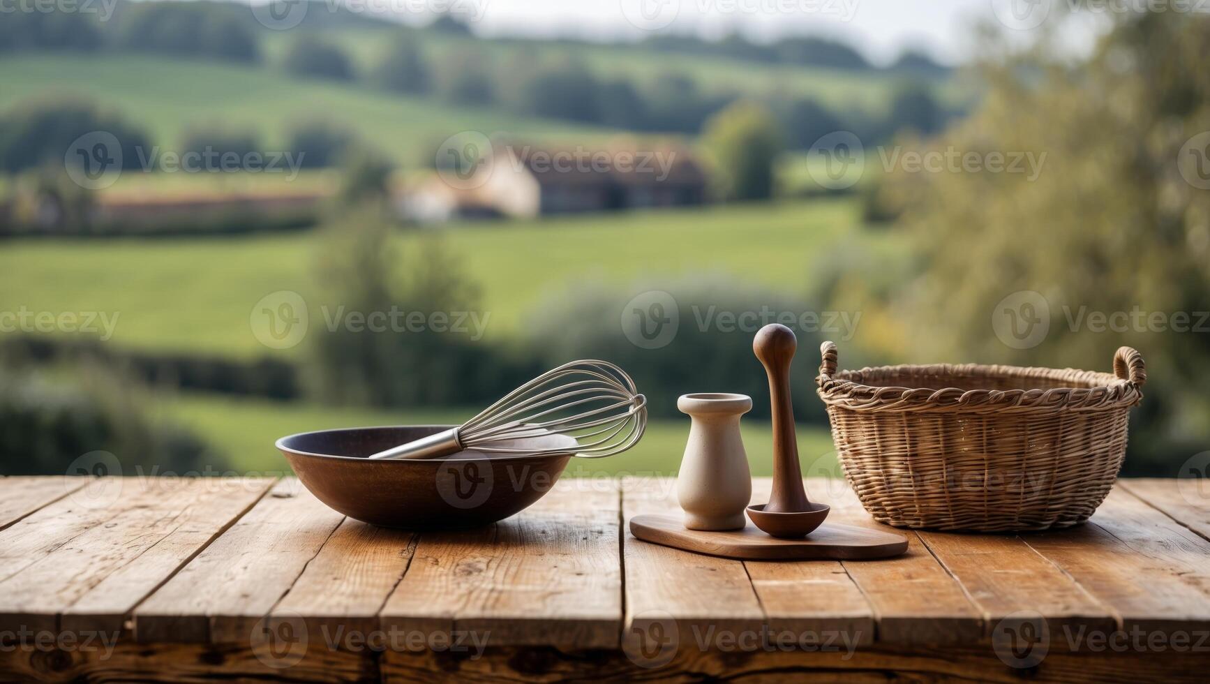 Rustic kitchen tools arranged on a wooden table with a lush green landscape in the background during daylight hours photo