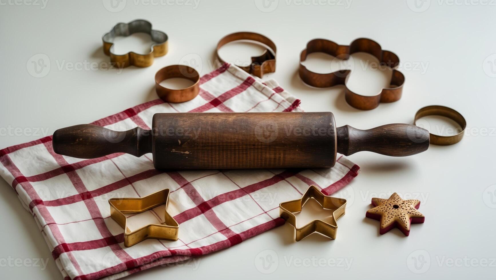Baking tools arranged on a kitchen countertop with rolling pin and cookie cutters in creative layout photo