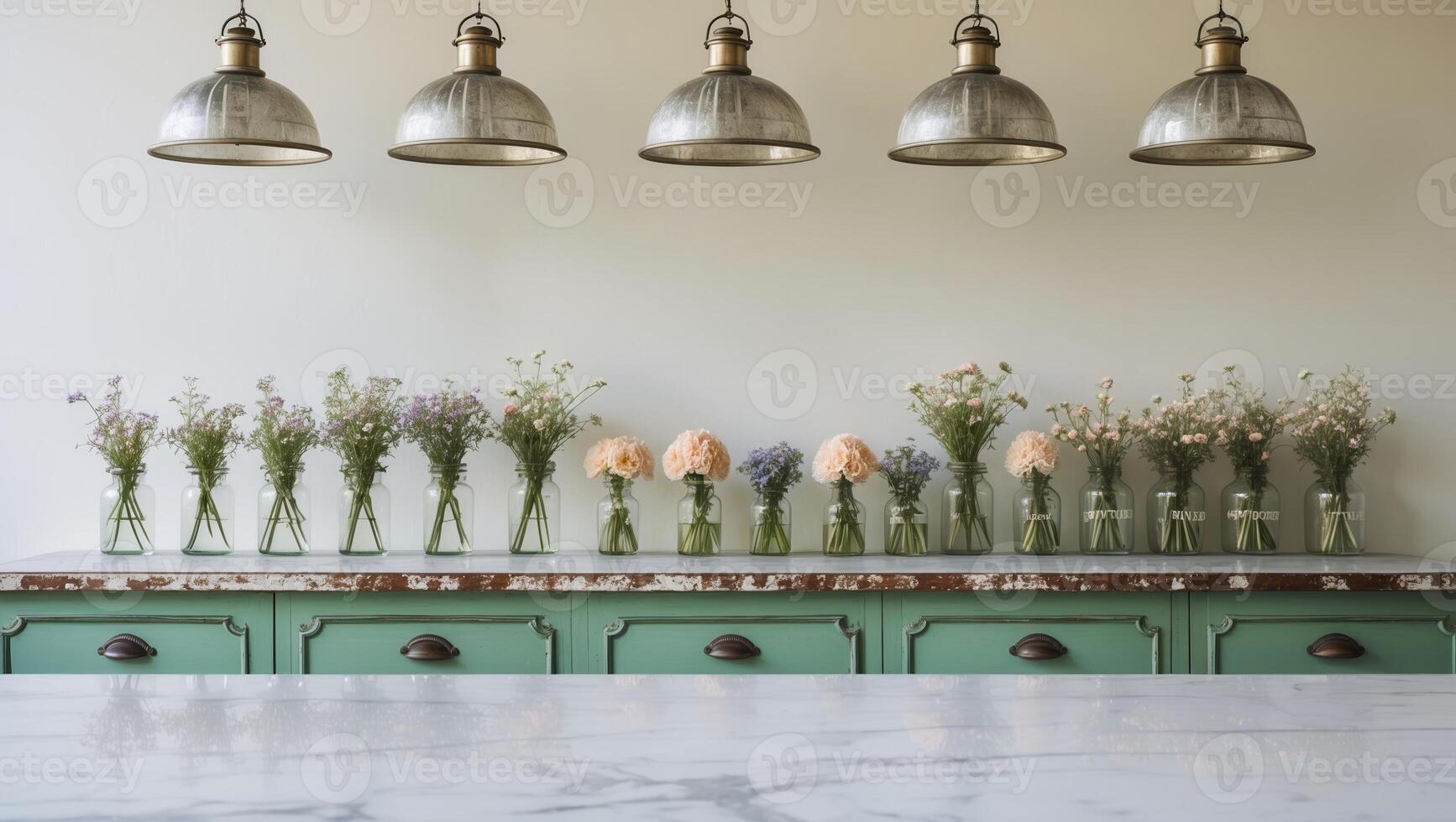 Beautifully arranged flowers on a kitchen counter with vintage lighting in a cozy setting photo
